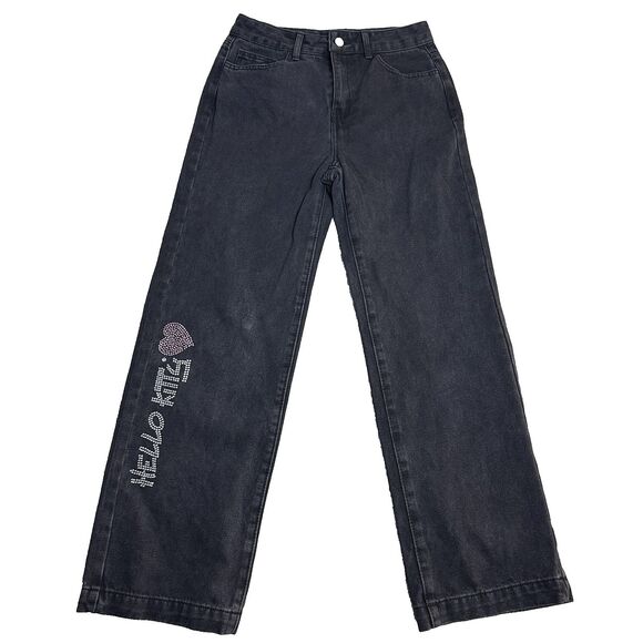 Forever 21 HelloKitty‎ Girls Jeans Rhinestone Logo Black 14Y Wide Leg Y2K Kawaii - Picture 1 of 11